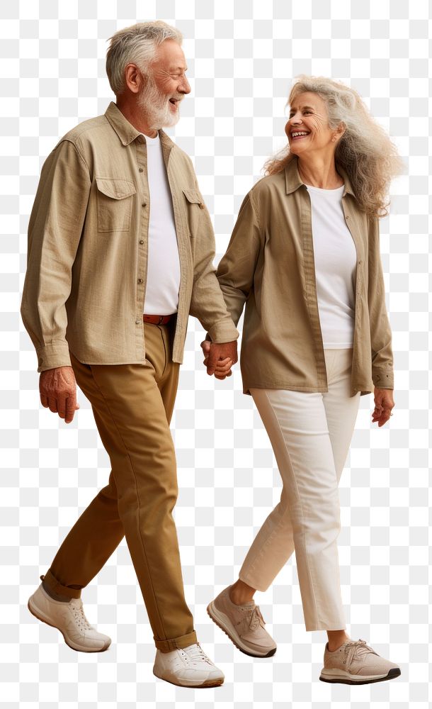 PNG  A senior couple with mobile phone walking footwear person. AI generated Image by rawpixel.