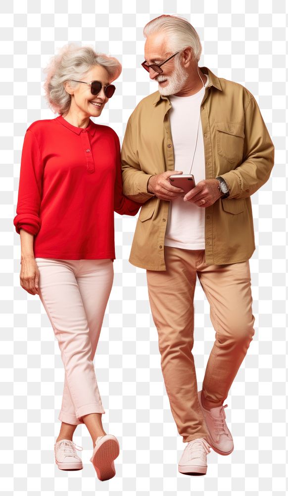 PNG  A senior couple with mobile phone glasses walking person. AI generated Image by rawpixel.