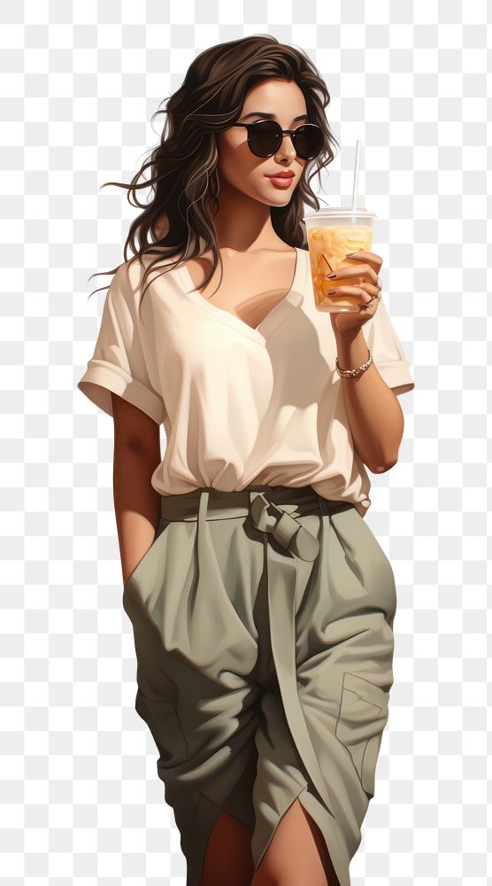 PNG An Asian woman drinking boba tea sleeve refreshment sunglasses. AI generated Image by rawpixel.