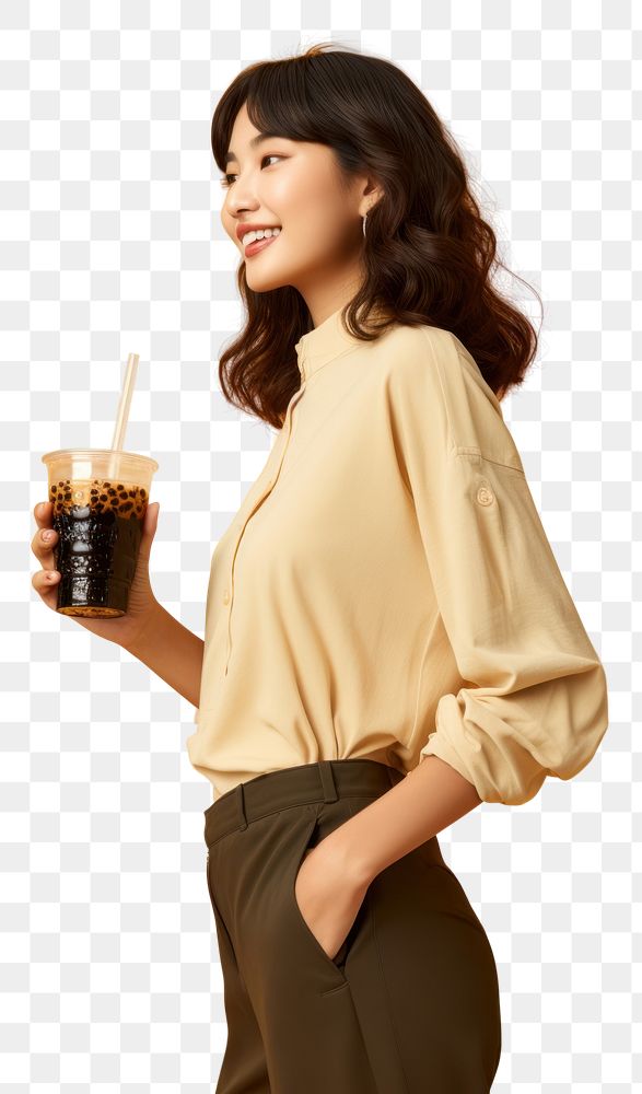 PNG  An Asian woman drinking boba tea sleeve adult cup. AI generated Image by rawpixel.