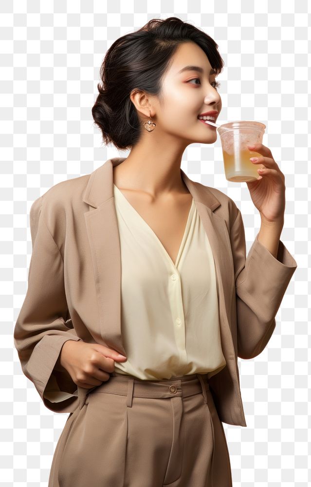 PNG  An Asian woman drinking boba tea refreshment hairstyle happiness. AI generated Image by rawpixel.
