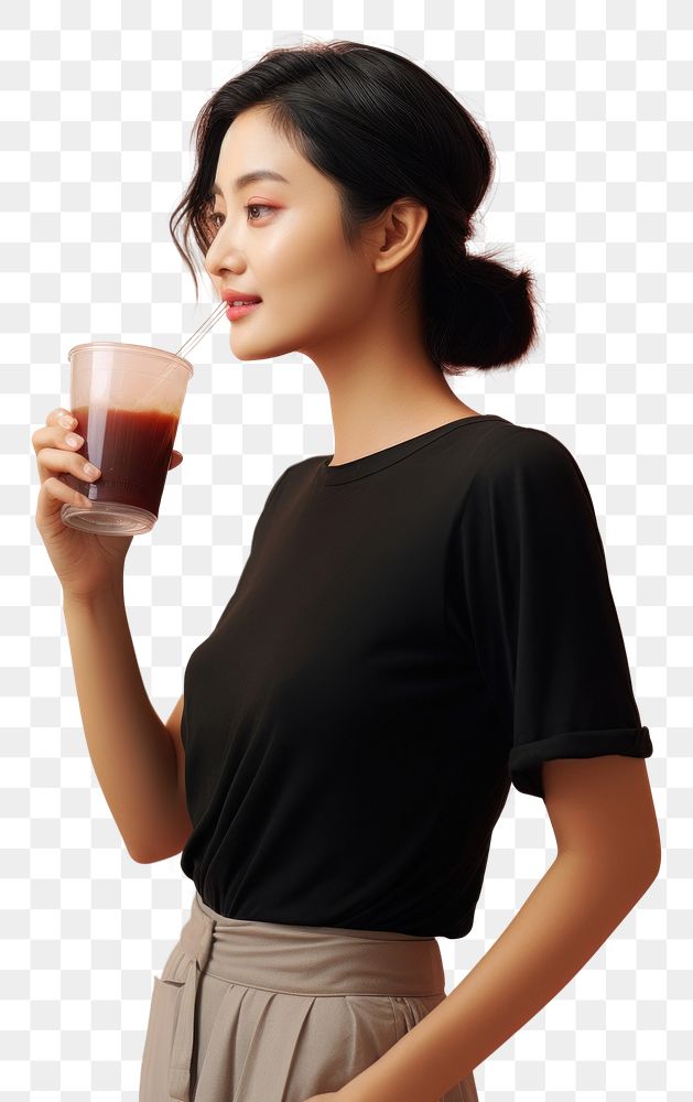 PNG  An Asian woman drinking boba tea portrait sleeve adult. AI generated Image by rawpixel.