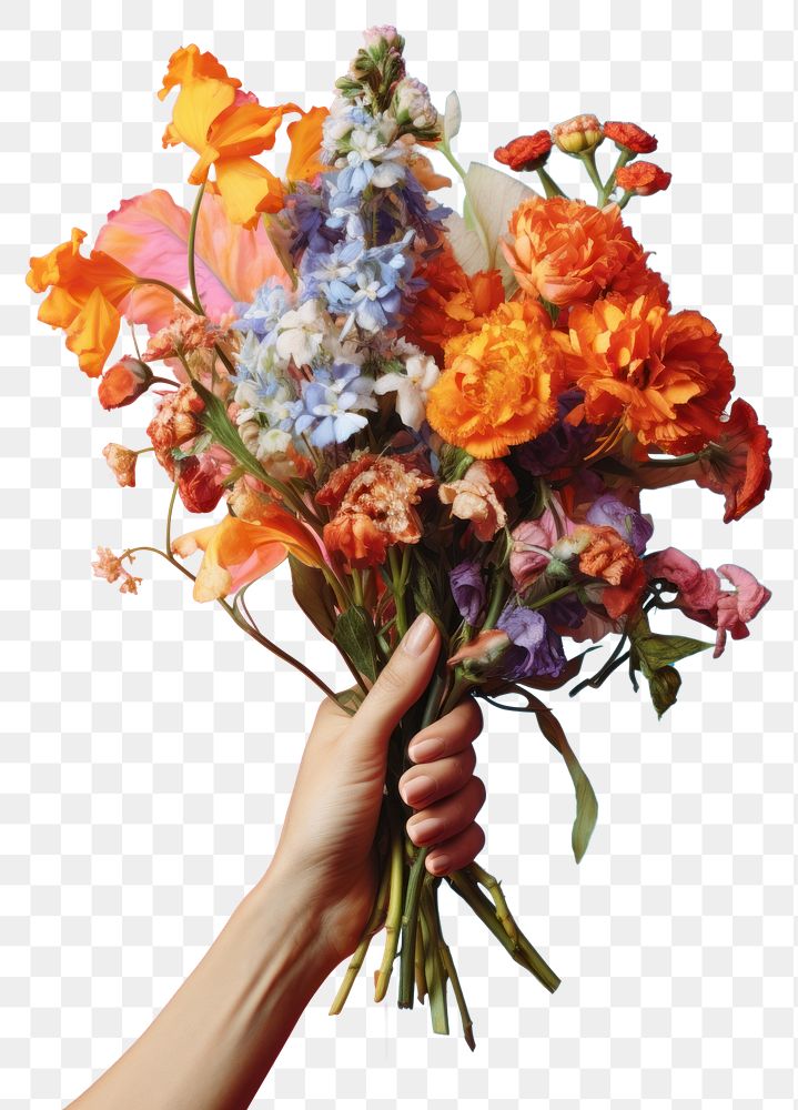 PNG  Hand holding bouquet graphics flower petal. AI generated Image by rawpixel.