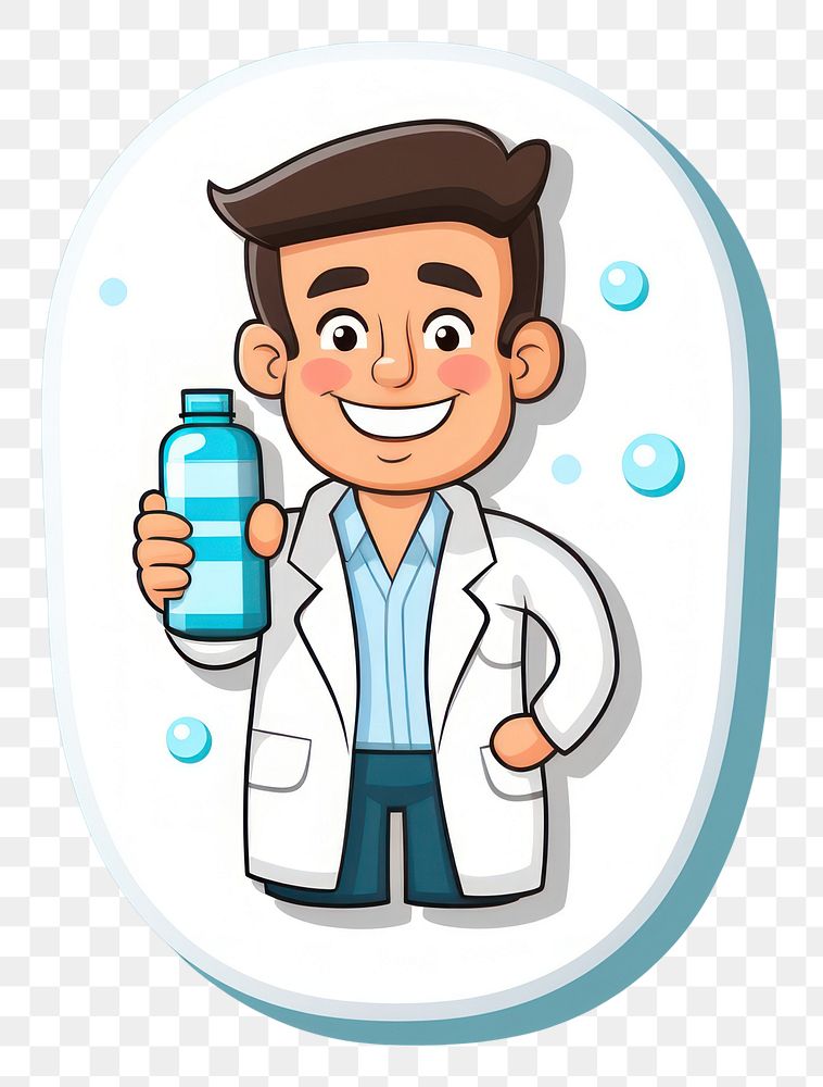 PNG  Pharmacist cartoon holding pill refreshment laboratory happiness.
