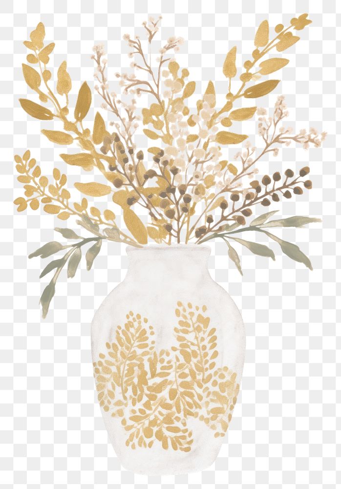 PNG A flower vase in the style of ink folk art-inspired illustrations plant gold white background.