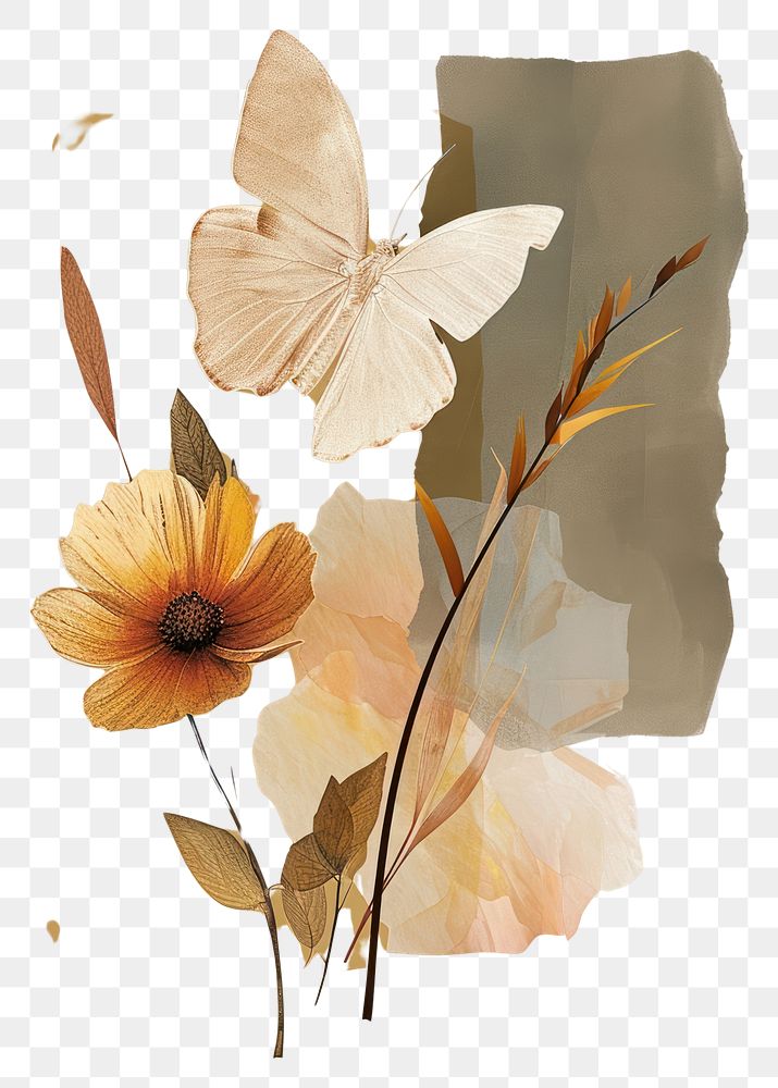 PNG Flower and butterfly a earth tone brush stroke painting plant creativity