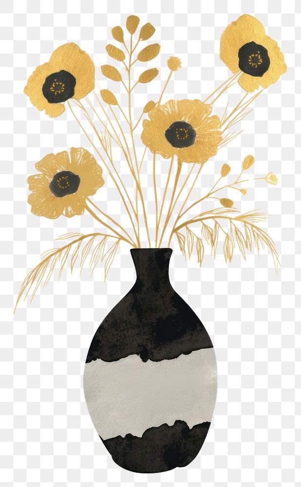 PNG Flower black vase in the style of ink folk art-inspired illustrations painting plant inflorescence.