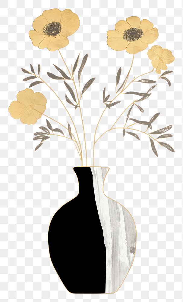PNG Flower black vase in the style of ink folk art-inspired illustrations painting plant white background.
