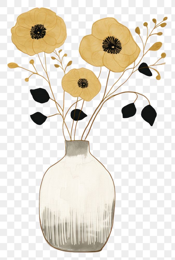 PNG Flower vase in the style of ink folk art-inspired illustrations painting plant inflorescence.