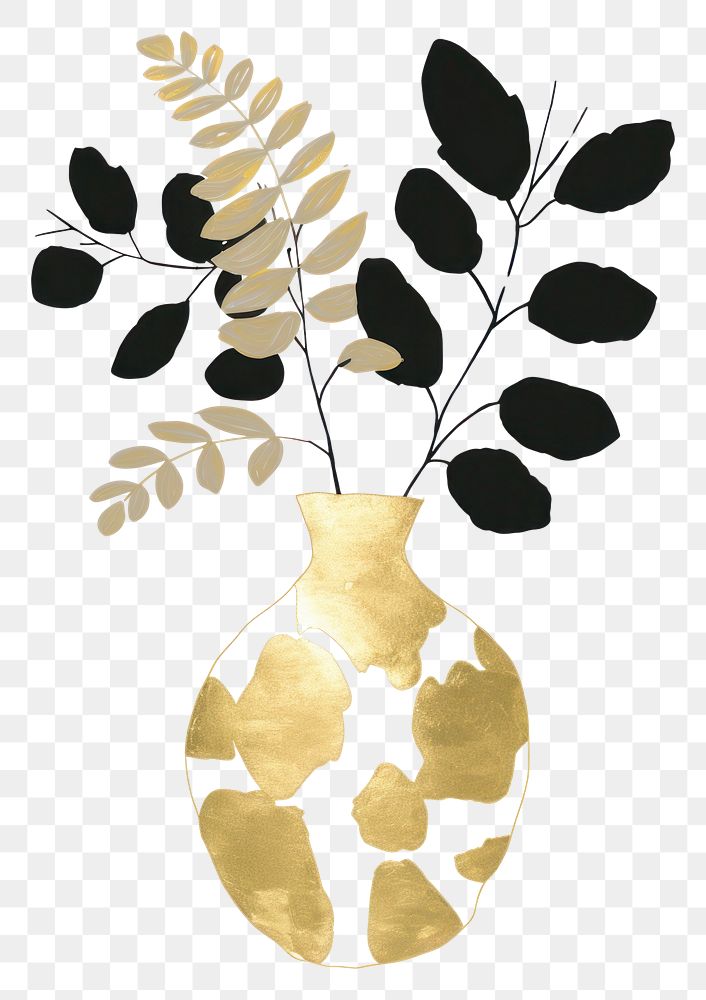 PNG Leaves black and gold vase in the style of ink folk art-inspired illustrations plant creativity decoration.