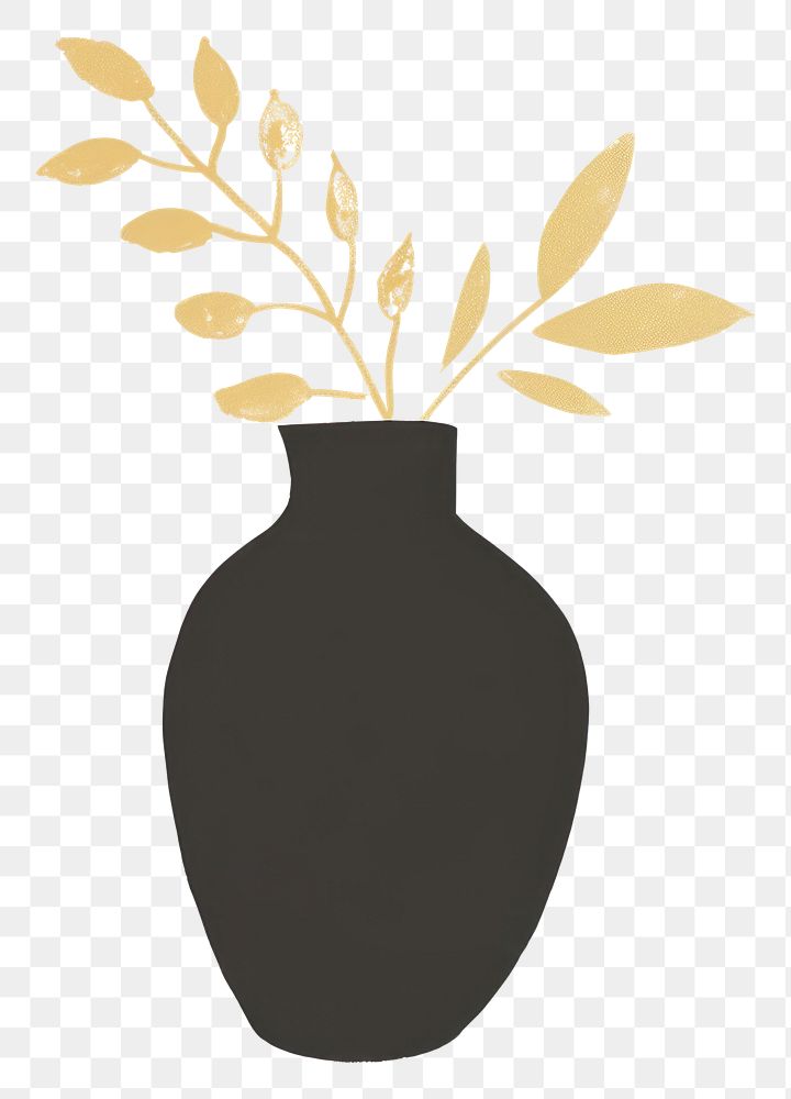PNG Leaves black vase color in the style of ink folk art-inspired illustrations plant white background decoration.