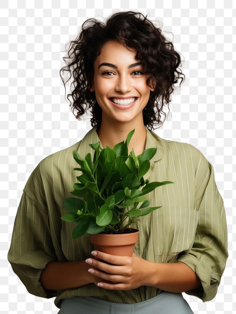 PNG Woman holding houseplant portrait smile adult.