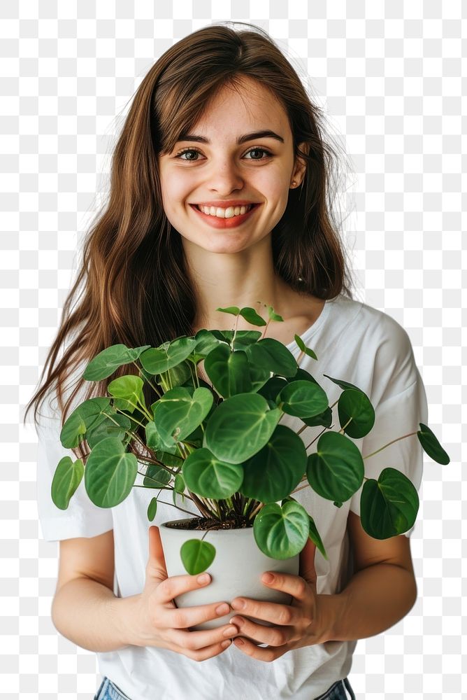 PNG Woman holding houseplant portrait smile adult.