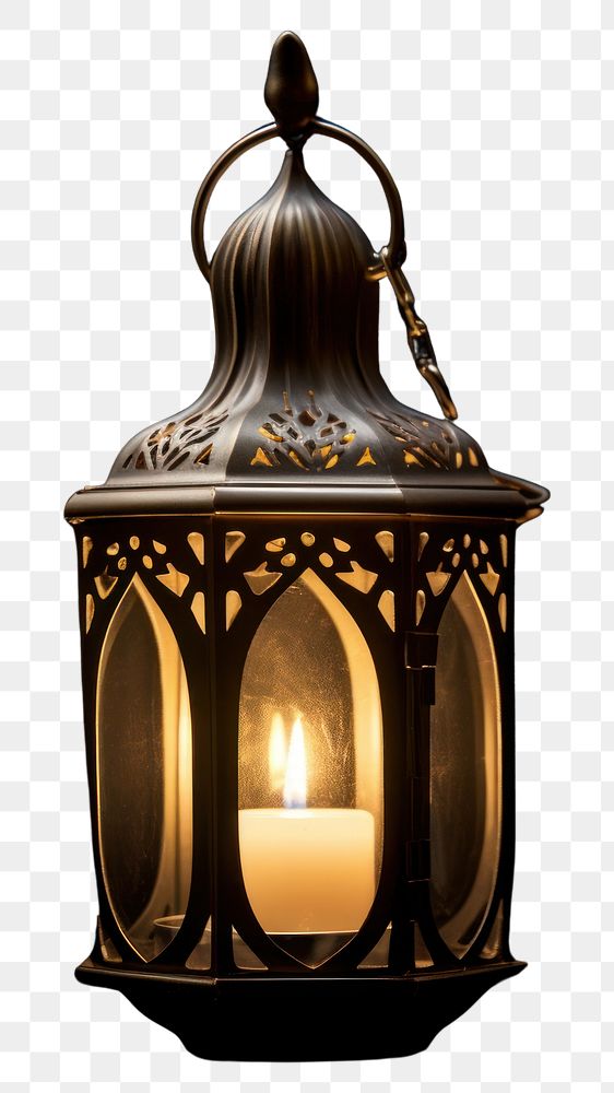 PNG  A candle in a beautiful lantern black lamp black background