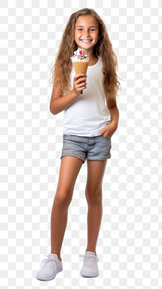 PNG  A girl holding an ice cream cone standing shorts summer. AI generated Image by rawpixel.