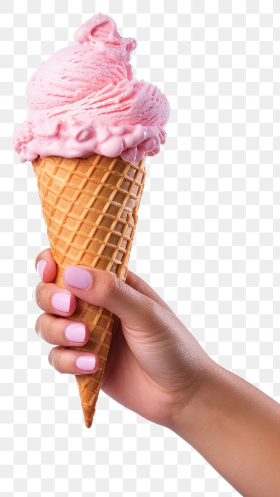 PNG  A female hand holding an ice cream cone dessert food white background. AI generated Image by rawpixel.