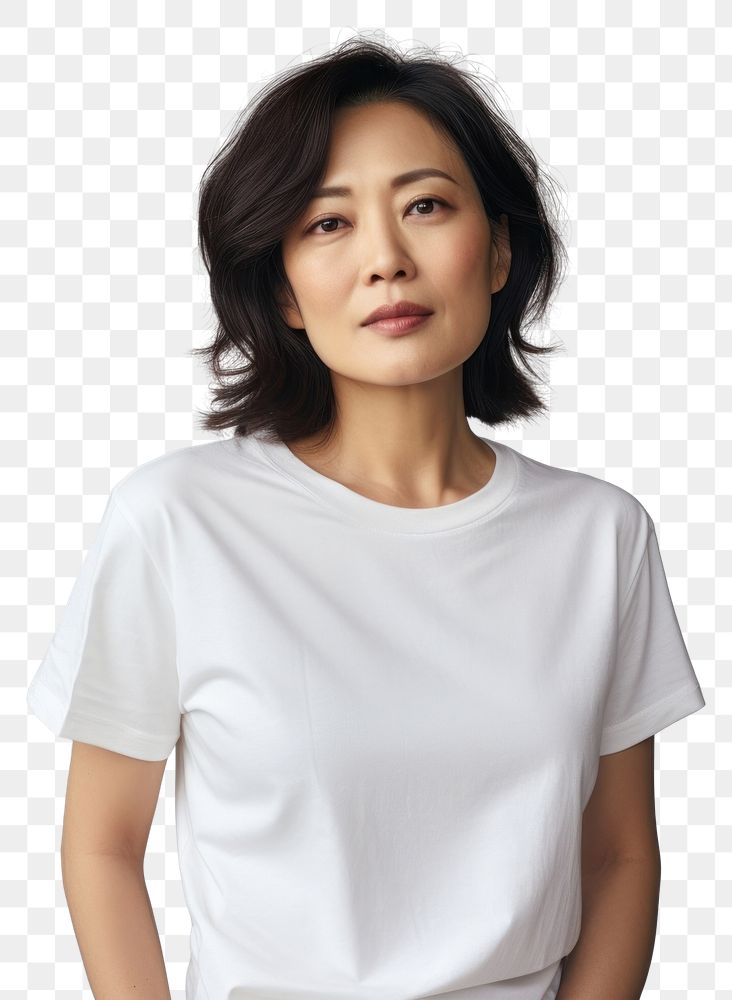 PNG A middle age asian woman wear offwhite t shirt portrait t-shirt sleeve.
