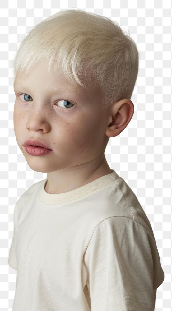 PNG A albino kid wear cream t shirt hairstyle innocence portrait.