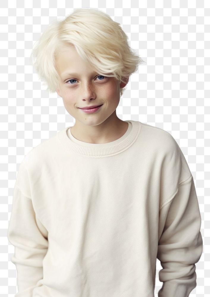 PNG A happy albino kid wear cream sweater adult hairstyle happiness.