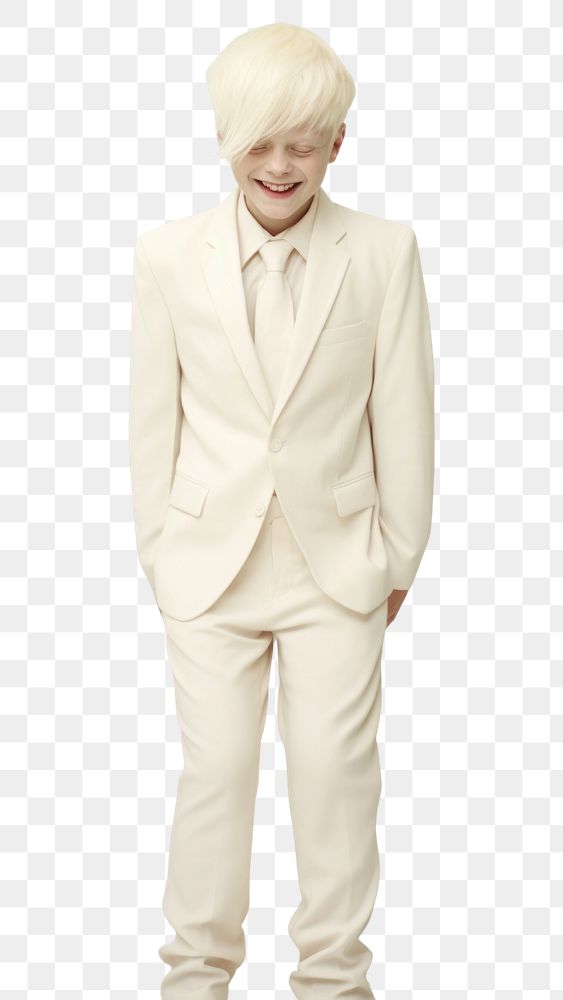 PNG A happy albino kid wear cream casual suit portrait fashion tuxedo.