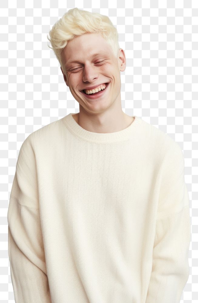 PNG A happy albino man wear cream sweater laughing smile happiness.
