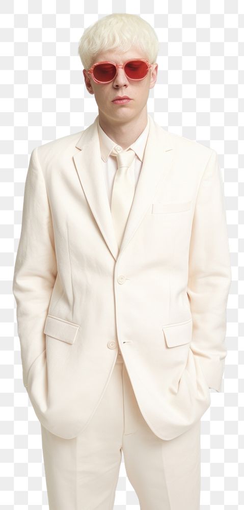 PNG A happy albino man wear cream casual suit fashion blazer tuxedo.