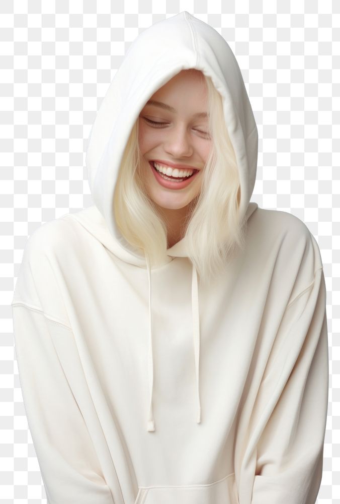 PNG A happy albino woman wear cream hoodie fashion sweatshirt portrait.