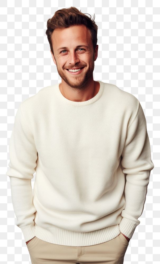 PNG A happy british man wear cream sweater portrait smile photo.