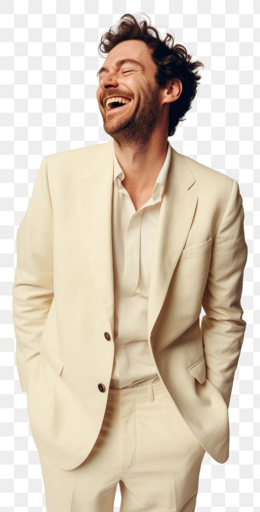PNG A happy british man wear cream casual suit laughing fashion blazer.