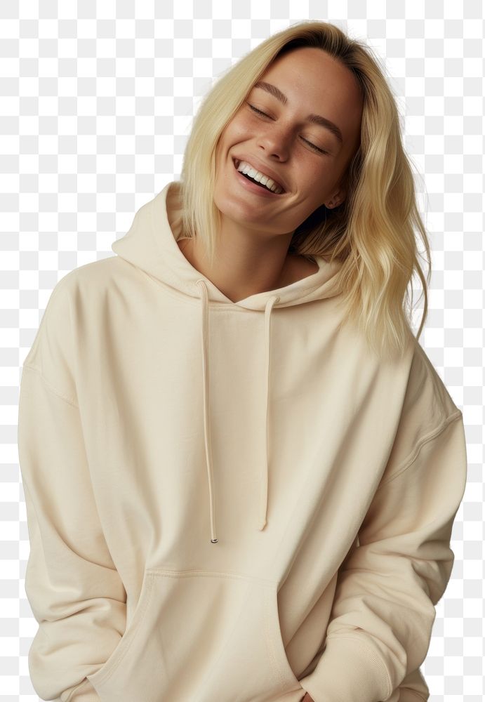 PNG A happy british woman wear cream hoodie sweatshirt laughing sweater.