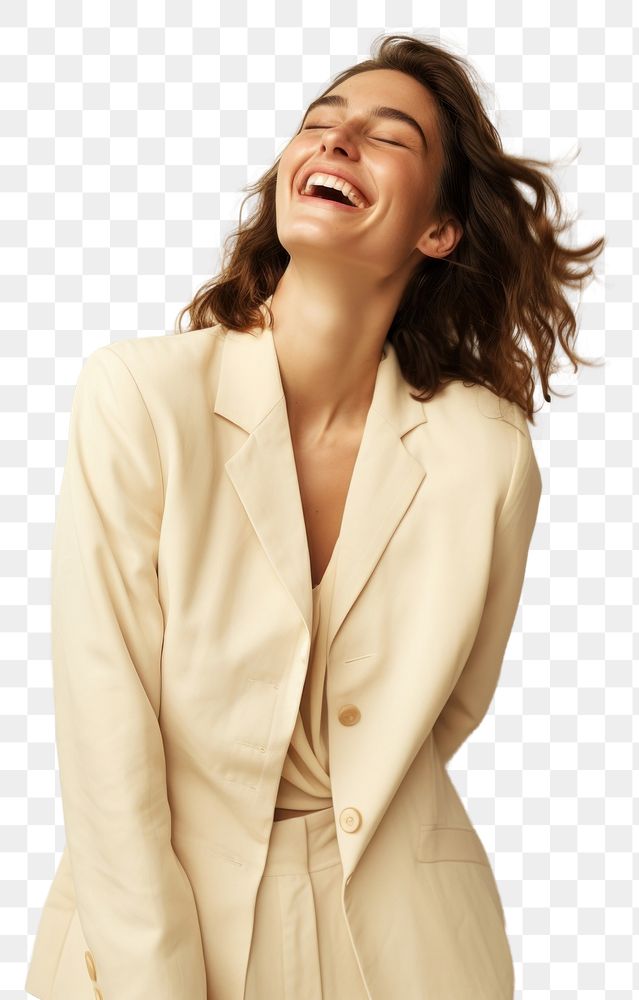 PNG A happy british woman wear cream casual suit laughing fashion adult.