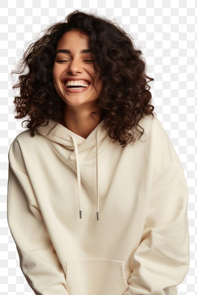 PNG A happy hispanic woman wear cream hoodie sweatshirt laughing fashion.