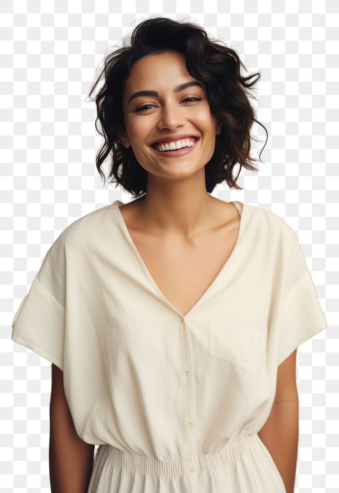 PNG A happy hispanic woman wear cream dress laughing fashion blouse.