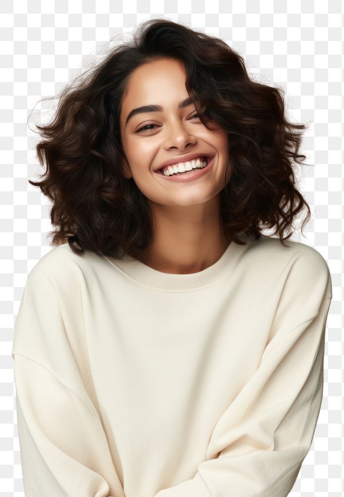 PNG A happy hispanic woman wear cream sweater laughing fashion adult.
