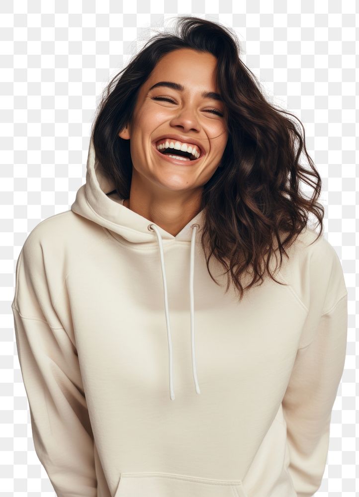 PNG A happy hispanic woman wear cream hoodie sweatshirt laughing fashion.