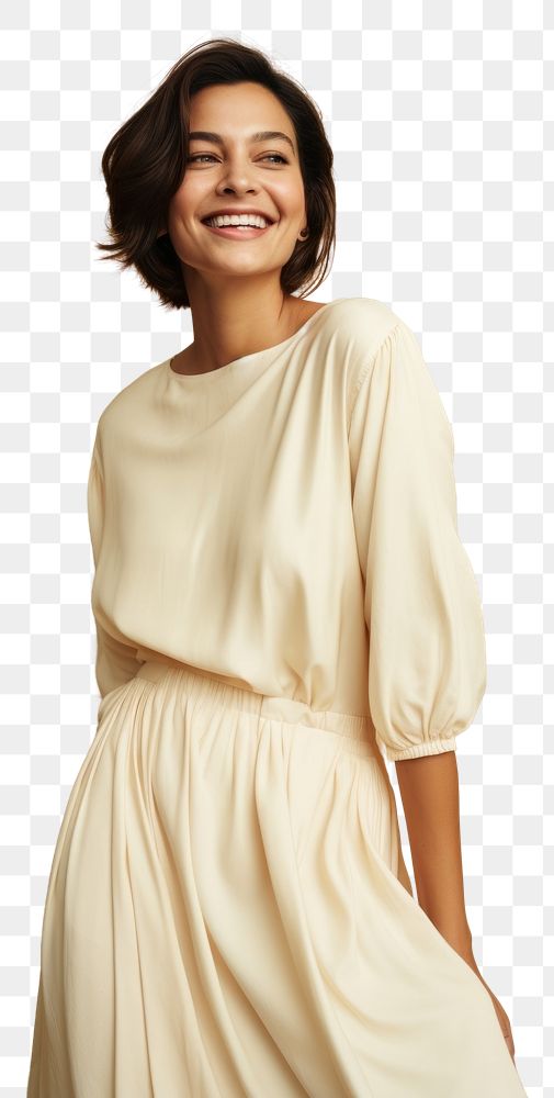 PNG A happy hispanic woman wear cream dress fashion adult smile.