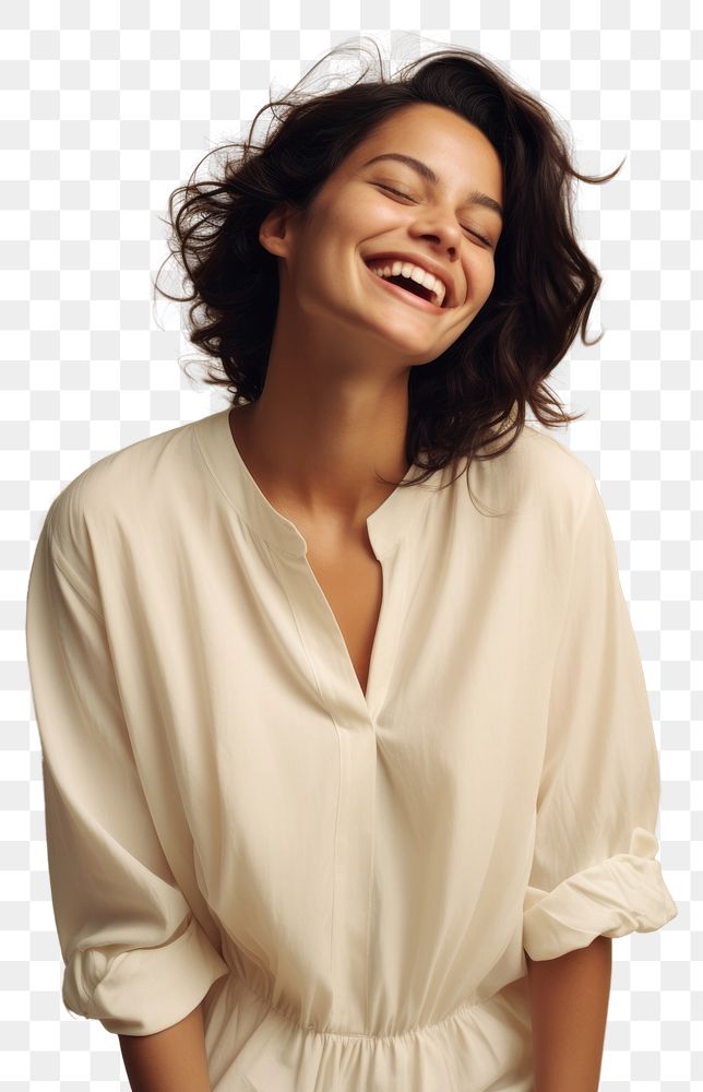 PNG A happy hispanic woman wear cream dress laughing fashion blouse.