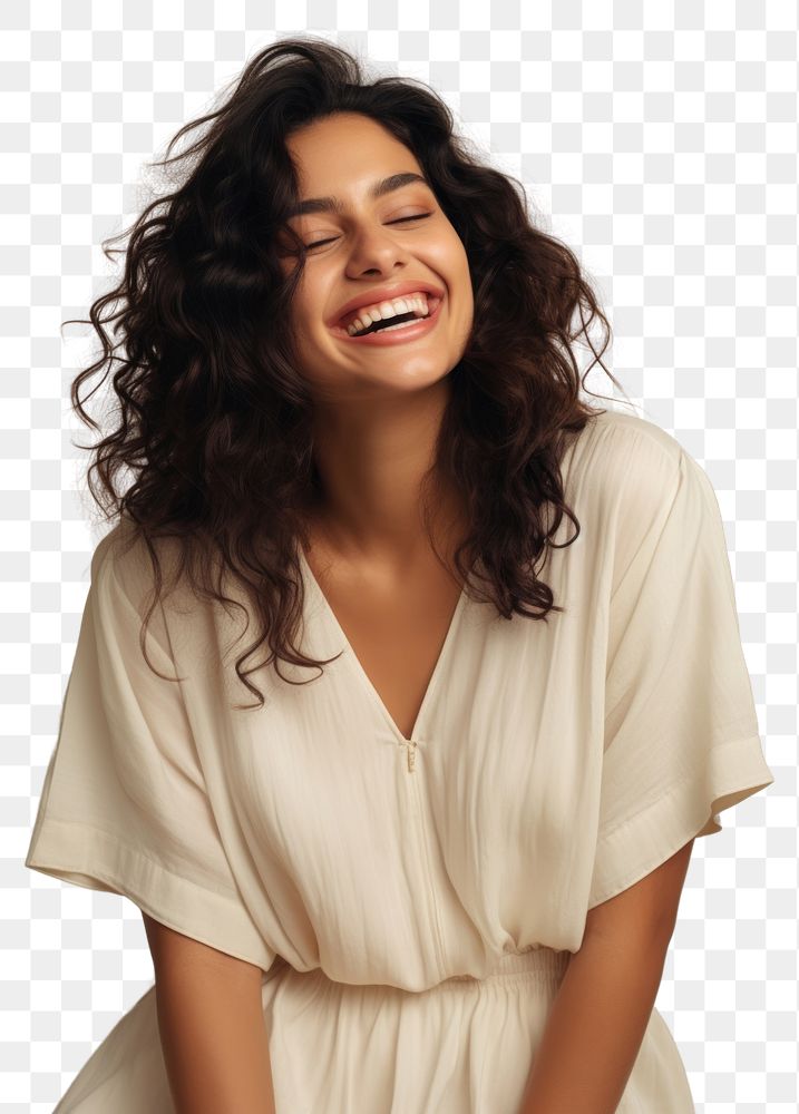 PNG A happy hispanic woman wear cream dress laughing fashion smile.