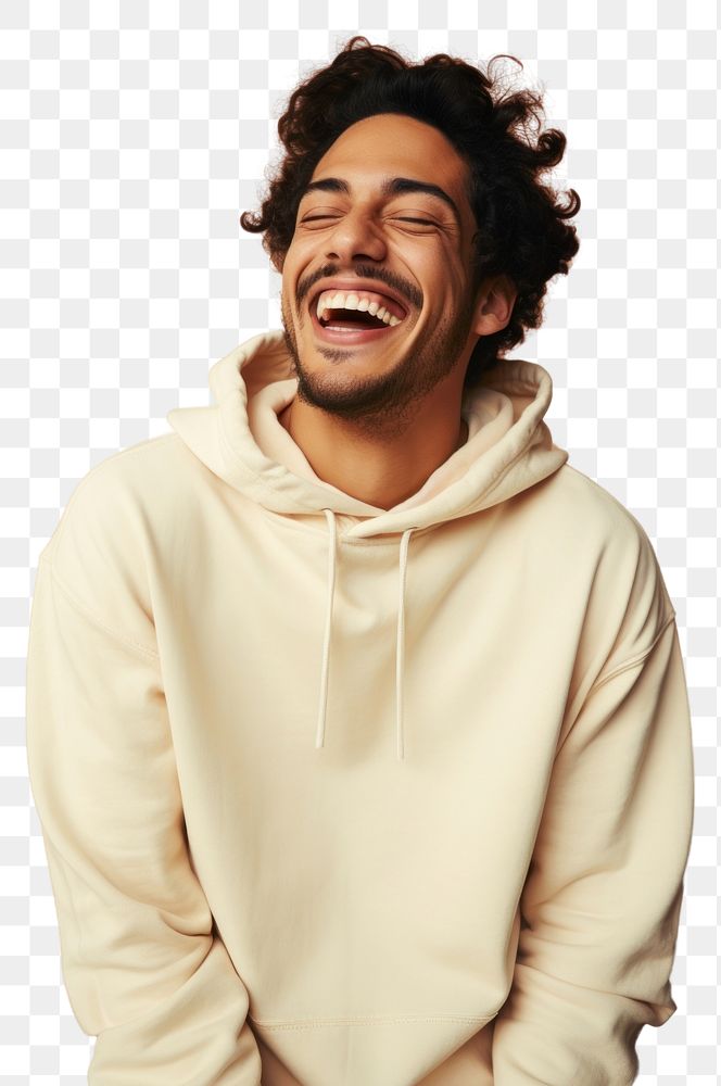 PNG A happy hispanic man wear cream hoodie sweatshirt laughing relaxation.
