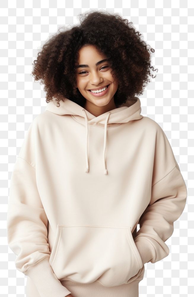 PNG A happy mixed race african american woman wear cream hoodie sweatshirt portrait sweater.