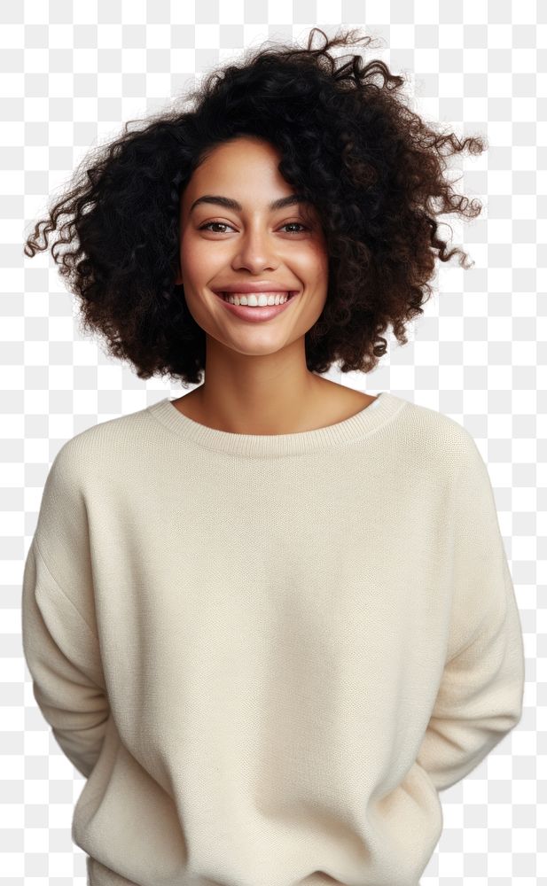 PNG A happy mixed race african american woman wear cream sweater portrait fashion adult.