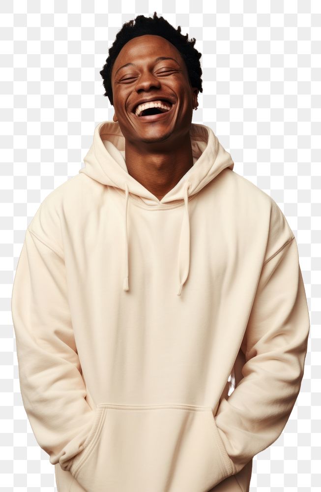 PNG A happy mixed race african american man wear cream hoodie sweatshirt laughing adult.