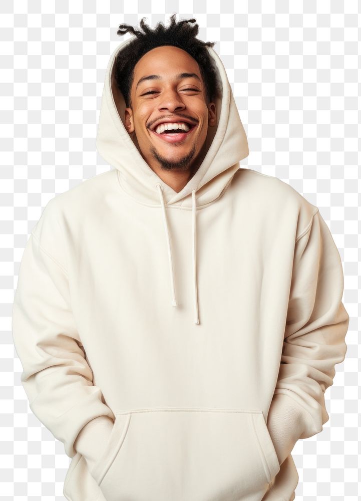 PNG A happy mixed race african american man wear cream hoodie sweatshirt laughing sweater.