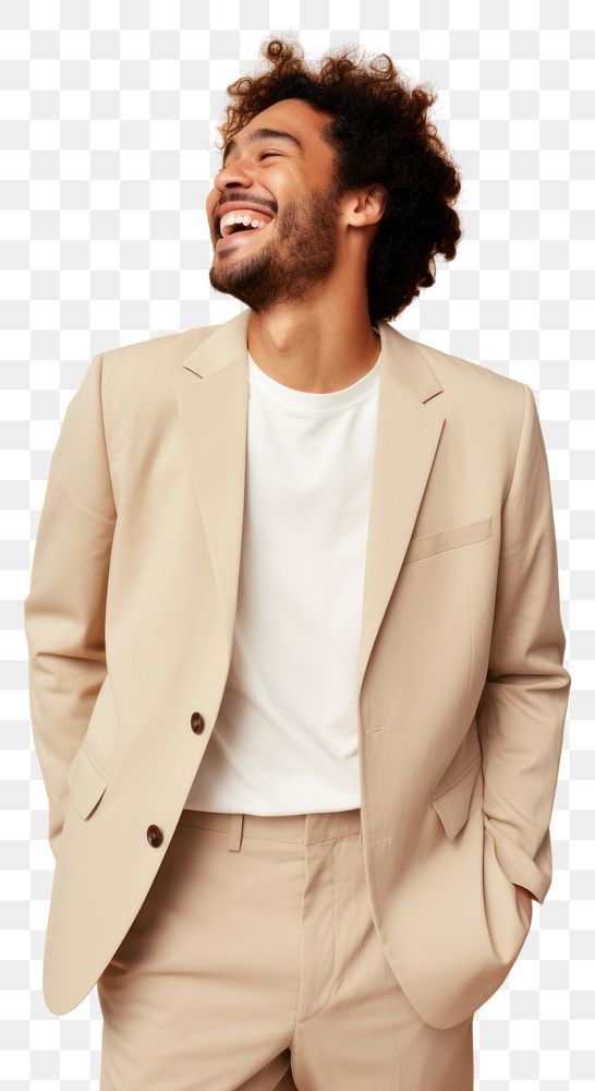 PNG A happy mixed race british man wear cream casual suit laughing fashion blazer.