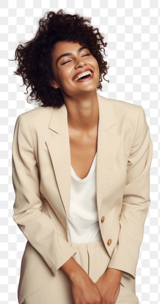 PNG A happy mixed race british woman wear cream casual suit laughing fashion smile.