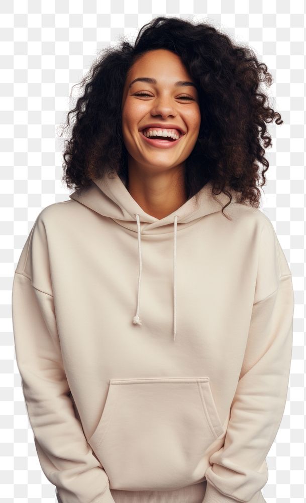 PNG A happy mixed race british woman wear cream hoodie sweatshirt laughing sweater.