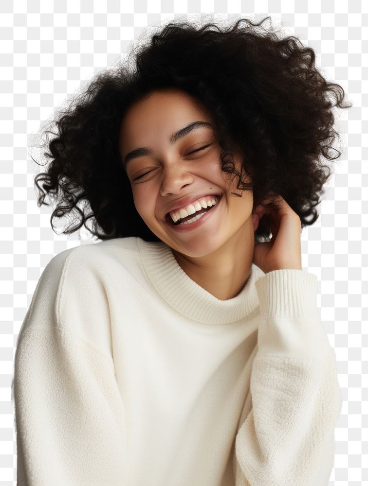 PNG A happy mixed race british woman wear cream sweater laughing adult smile.