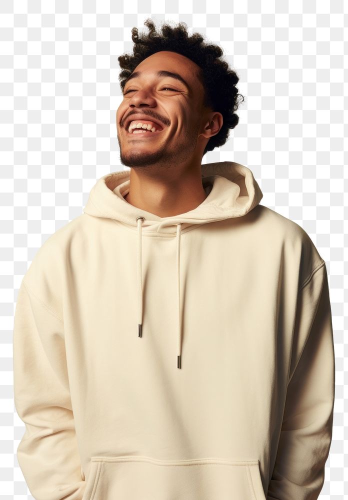 PNG A happy mixed race british man wear cream hoodie sweatshirt laughing adult.