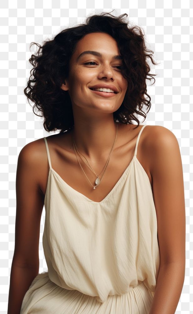 PNG A happy mixed race british woman wear cream dress necklace portrait jewelry.