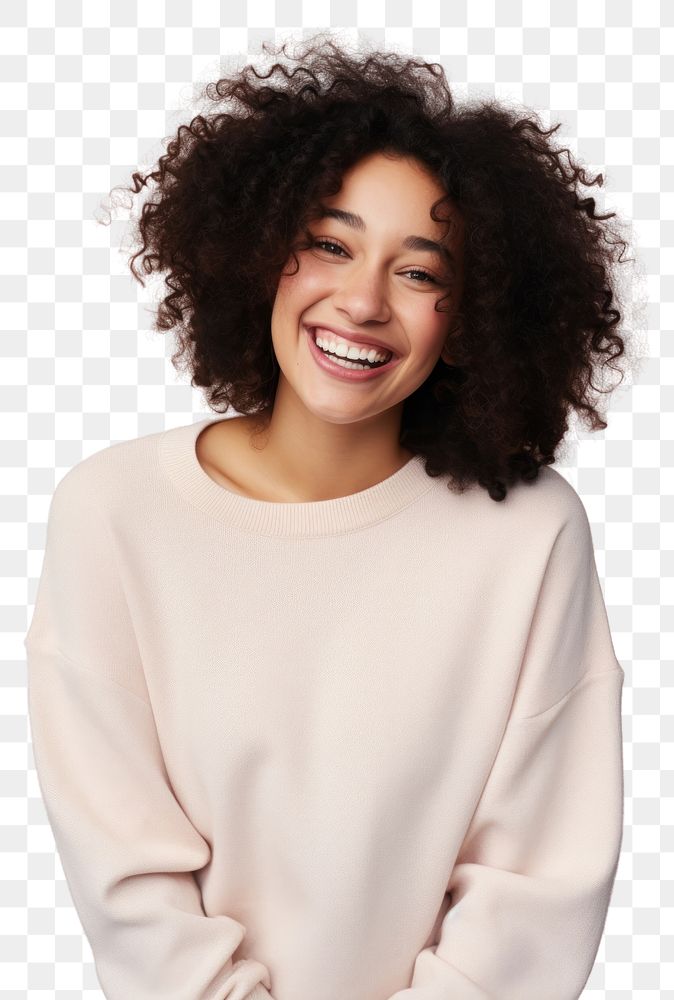 PNG A happy mixed race british woman wear cream sweater laughing fashion adult.